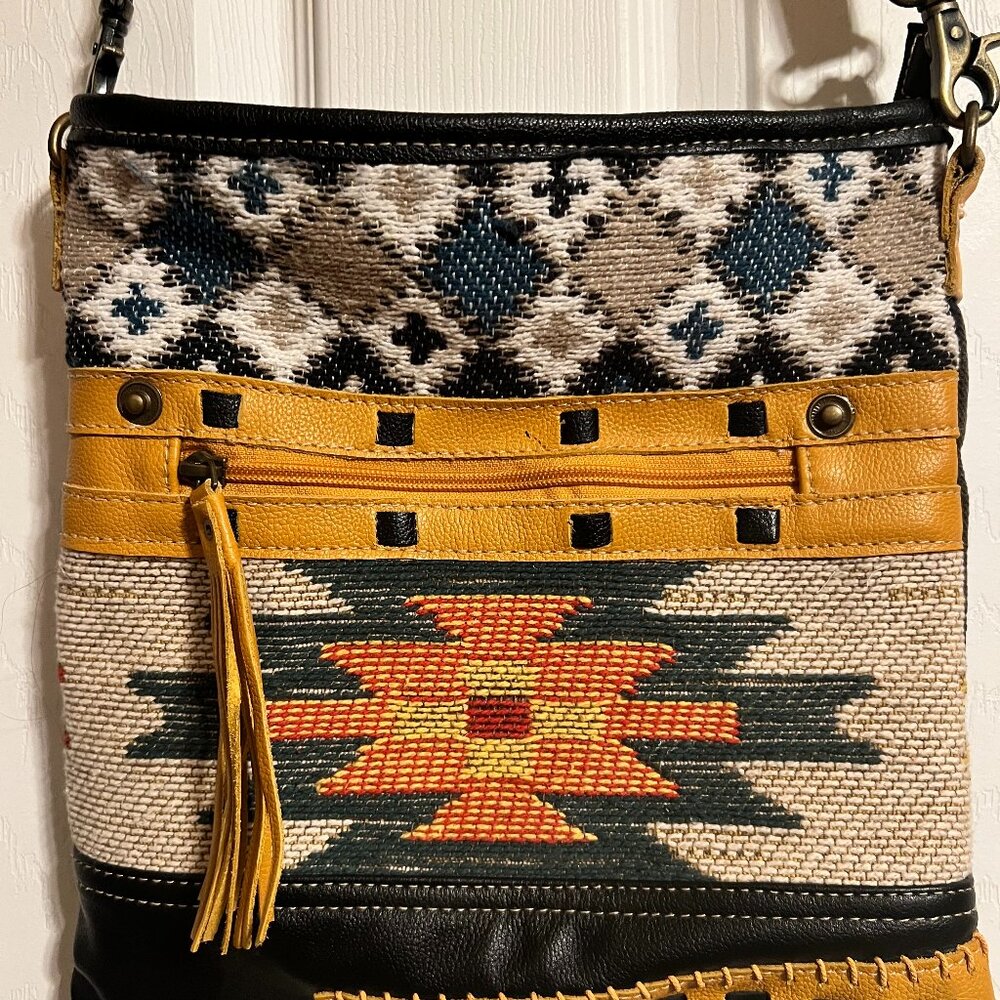 Myra Western Boho Aztec Native American Crossbody Leather Trim Cowgirl Bag